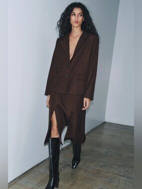 Zara Dark Brown Tailored Blazer & Midi Skirt Set